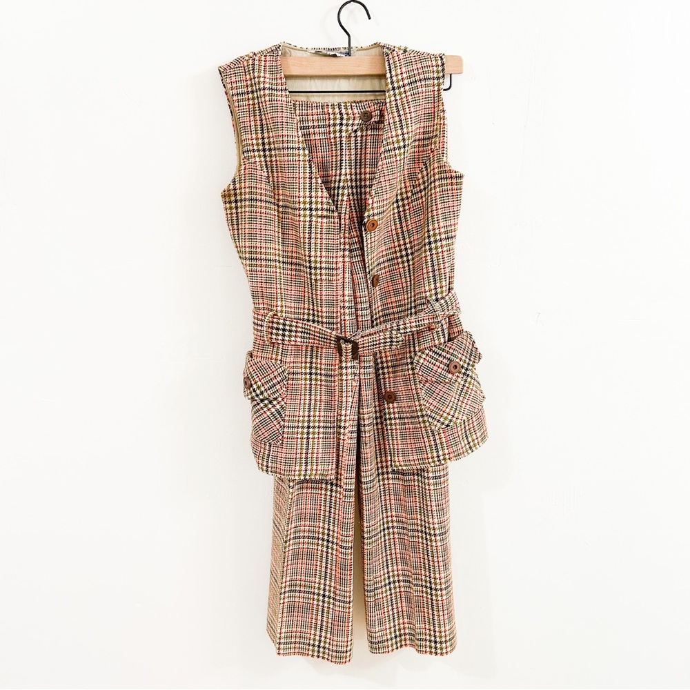 Vintage Plaid Trousers and Vest Set in Brown and Red